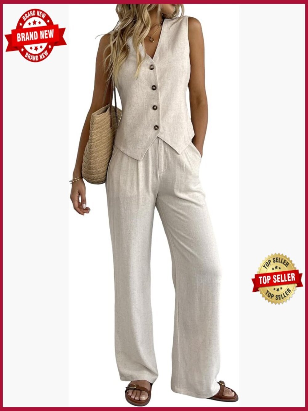 Linen 2 Piece Outfits Vest Suit Set Wide Leg Pants Business Casual Summer Work